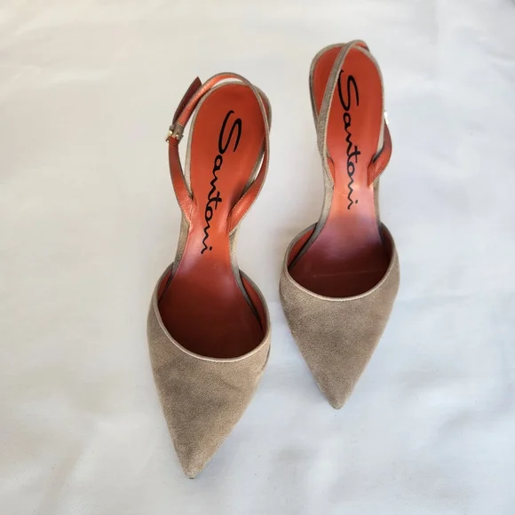 Santoni pumps women's slingback sz 8 Eu38 suede tan shoes stiletto point toe - Picture 10 of 16